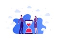 Falling in love, relationship and speed dating concept. Vector flat people illustration. Couple of male and female with hourglass