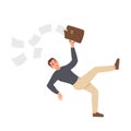 Falling man office employee slipped on banana peel and scattered documents from briefcase. Unfortunate guy slipped due to leftover