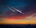 Falling meteorite, asteroid, comet on night city. Elements of th