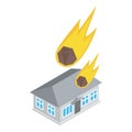 Falling meteorite icon isometric vector. Burning meteorite falling on building