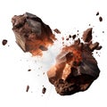 Falling meteorite isolated on a white or transparent background. Close-up of two meteorites colliding into small pieces