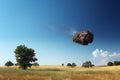 Falling meteorite over meadow with green grass