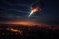 Falling meteorite over night city