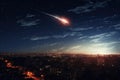 Falling meteorite over night city