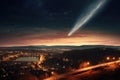 Falling meteorite over night city