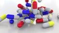 Falling multicolor drug capsules or pills. 3D rendering