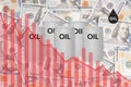 Falling oil price red chart on background of gray barrels dollar bill