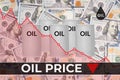Falling oil price red chart on background of gray barrels dollar bill