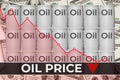 Falling oil price red chart and text on background of gray barrels dollar bill