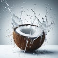 Falling open coconut meets water in a splash on white background. ai generative