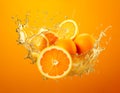 Falling oranges splashing with orange juice, on orange background Royalty Free Stock Photo