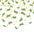 Falling paper banknotes, gold coins, dollar money rain. Flying money earnings luck, fortune in lottery. Vector white