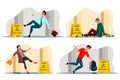 Falling people and caution wet floor sign set Royalty Free Stock Photo