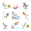 Falling people. Fall down stairs, slipping wet staircase or floor, stumbling man injured, dangerous dropping from chair Royalty Free Stock Photo