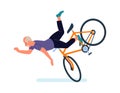 Falling people. Old man falls off bike. Dangerous traumatic situations during cycling, common accidents on walk, extreme