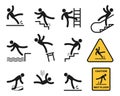 Falling people. Simple silhouette people injury slipping on wet floor, tripping. Drop from altitude, fall down stairs
