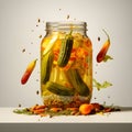 Falling pickled vegetables jar of brine white background