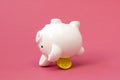 Falling piggy bank with a golden bitcoin on a pink background