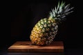 Pineapple stands on a wooden board on a dark background