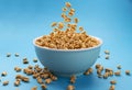 Falling puffed wheat cereal in bowl on blue background Royalty Free Stock Photo