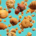 Falling Pumpkin isolated on blue background, selective focus