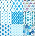 Falling rain drops and umbrellas water vector seamless patterns Royalty Free Stock Photo