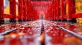 Falling Rain on Red Wooden Path Creates a Wet, Reflective Surface Royalty Free Stock Photo