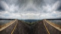 Falling rain in road spliting in two way