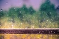 Falling rain and splashing drops outside. Storm on a sunny day, beautiful light and wonderful colors. Royalty Free Stock Photo