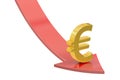 Falling red arrow with symbol of euro, crisis concept. 3D render Royalty Free Stock Photo