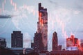 Falling red forex hologram on blurry city backdrop. Stock crisis price drop down chart fall / Stock market exchange analysis or Royalty Free Stock Photo