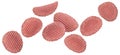 Falling red ridged beetroot chips isolated on white background Royalty Free Stock Photo