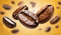 Falling roasted coffee beans. Aromatic caffeine seeds hovering in the air. Orange background