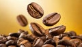 Falling roasted coffee beans. Aromatic caffeine seeds hovering in the air. Orange background