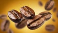 Falling roasted coffee beans. Aromatic caffeine seeds hovering in the air. Orange background