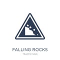 Falling rocks sign icon. Trendy flat vector Falling rocks sign i