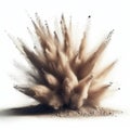 Falling Sand, Dirt, Earth, Powder, Dust Explosion Set Against A White Isolated Background. Burst Of Explosion. Explosive.