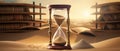 Falling sand in an hourglass juxtaposed with a stack of books on shelves creates a captivating background of learning and time. Ai Royalty Free Stock Photo