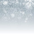 Falling Shining Snowflakes and Snow on Blue Background. Christmas, Winter and New Year Background. Realistic Vector Royalty Free Stock Photo