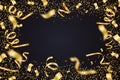 Golden confetti and pieces of serpentine isolated on black transparent background. Bright festive overlay effect with gold tinsels Royalty Free Stock Photo