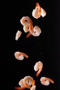 Falling shrimp on a black background, close-up. Seafood, wholesome food, culinary background