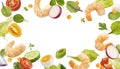 Falling shrimp salad ingredients isolated on white background