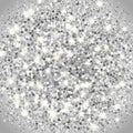 Falling silver particles on a black background. Scattered silver confetti. Rich luxury fashion backdrop. Bright shining glitter. R