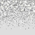 Falling silver particles on a black background. Scattered silver confetti. Rich luxury fashion backdrop. Bright shining glitter. R