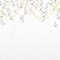 Falling silver serpentine and gold beads on transparent background. Shine ribbon. Holiday design.Vector realistic