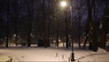 Falling snow backlit with modern street lamp in city street at night in winter.