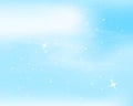 Falling snow. Blue sky with stars and clouds. Sparkle starry background. Vector illustration with snowflakes. Winter snowing sky.