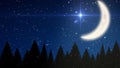 Falling snow and Christmas night starry sky with crescent moon