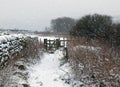 falling snow covering a country path and wooden gate with wall Royalty Free Stock Photo