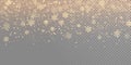 Falling snow flake golden pattern background. Gold snowfall overlay texture isolated on transparent white background. Winter Xmas